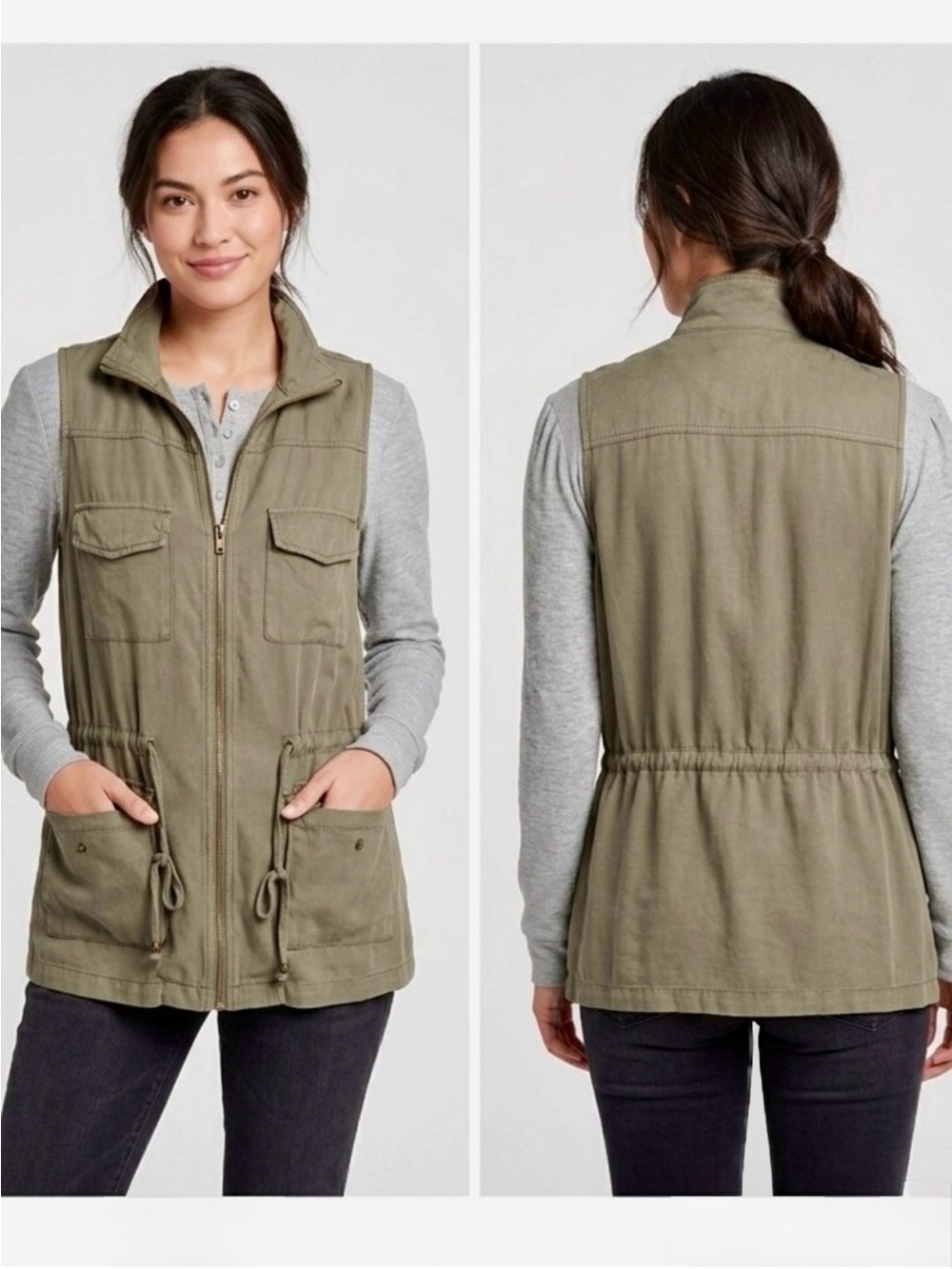 AVA & VIV Army Olive Green Utility Sleeveless Vest w Pockets & Drawstring Waist